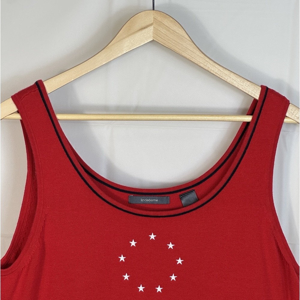 Liz‎ Claiborne Red Knit Tank Top Women's XL Embroidered Stars 100% Cotton - Picture 2 of 6